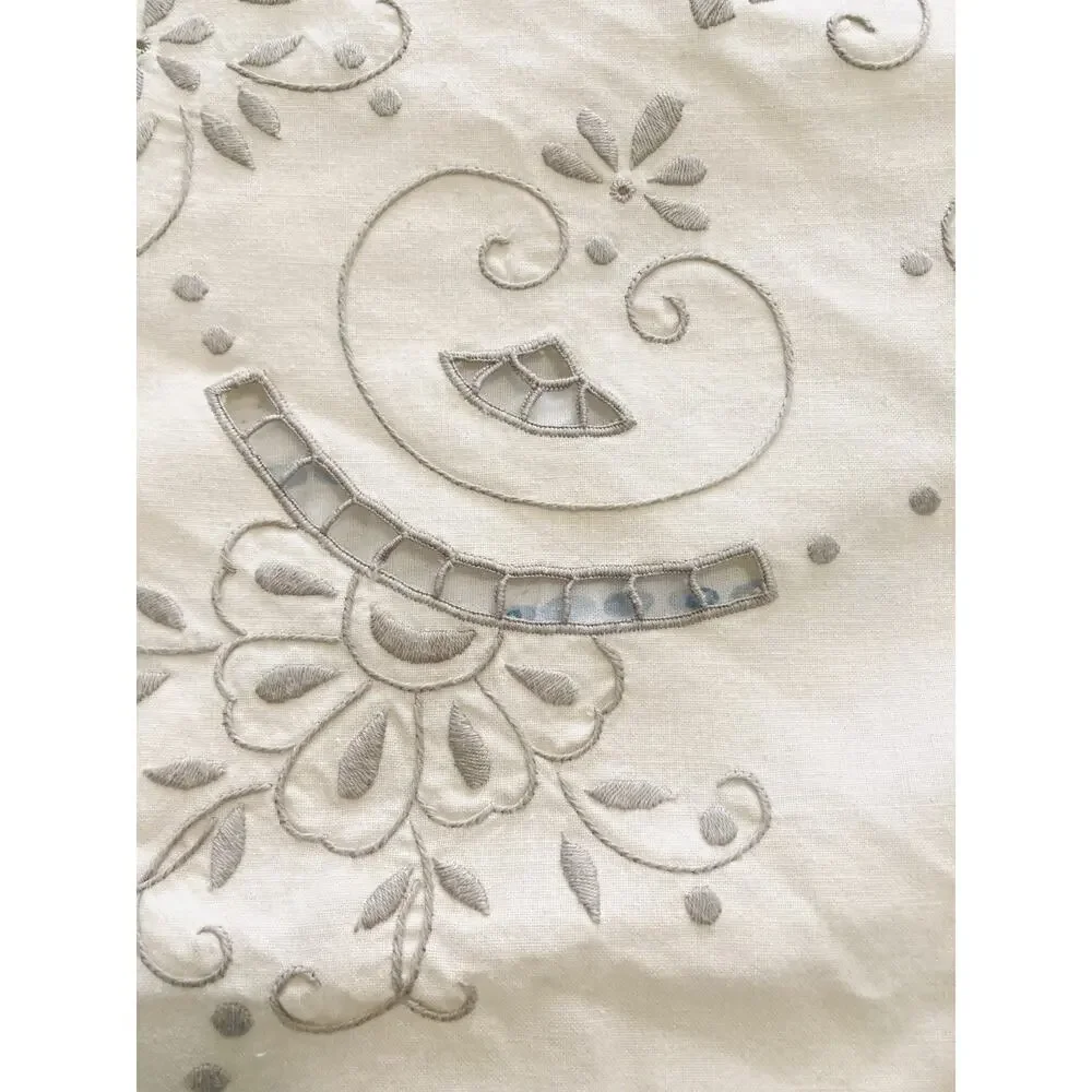 Vintage Large Tablecloth and 12 Napkins Embroidered Cream Grey Floral Bell Gray